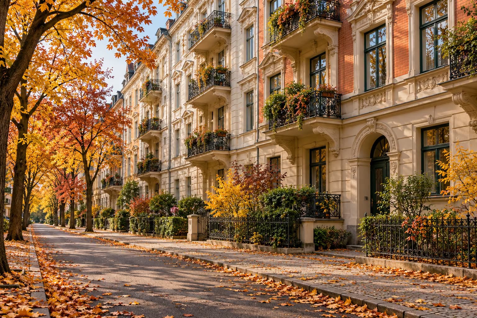 A row of ornate prewar apartment buildings with balconies along a quiet tree-lined street covered in autumn leaves.