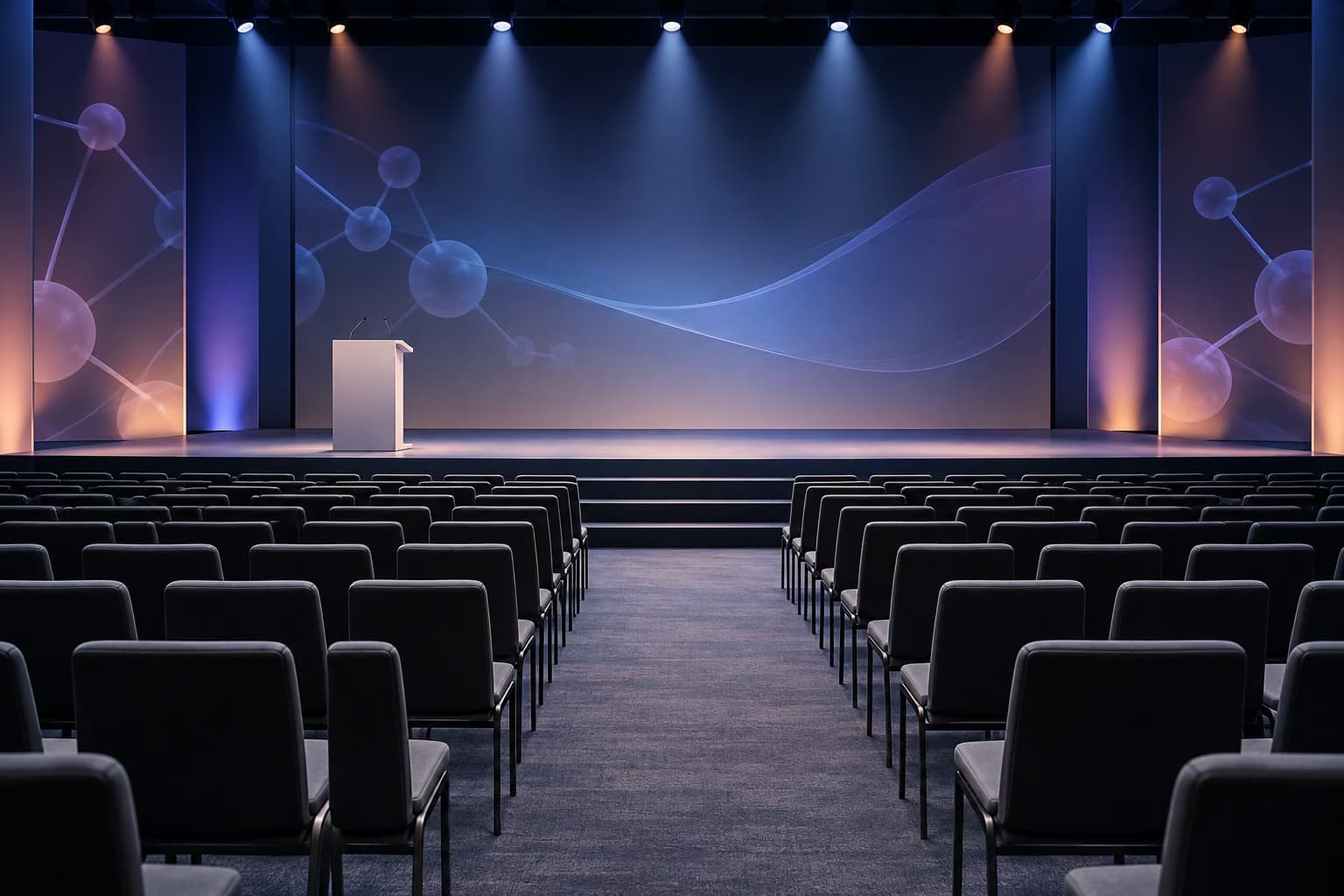An empty event hall with rows of dark chairs facing a stage with a white lectern, lit by spotlights in front of screens showing abstract molecule graphics.