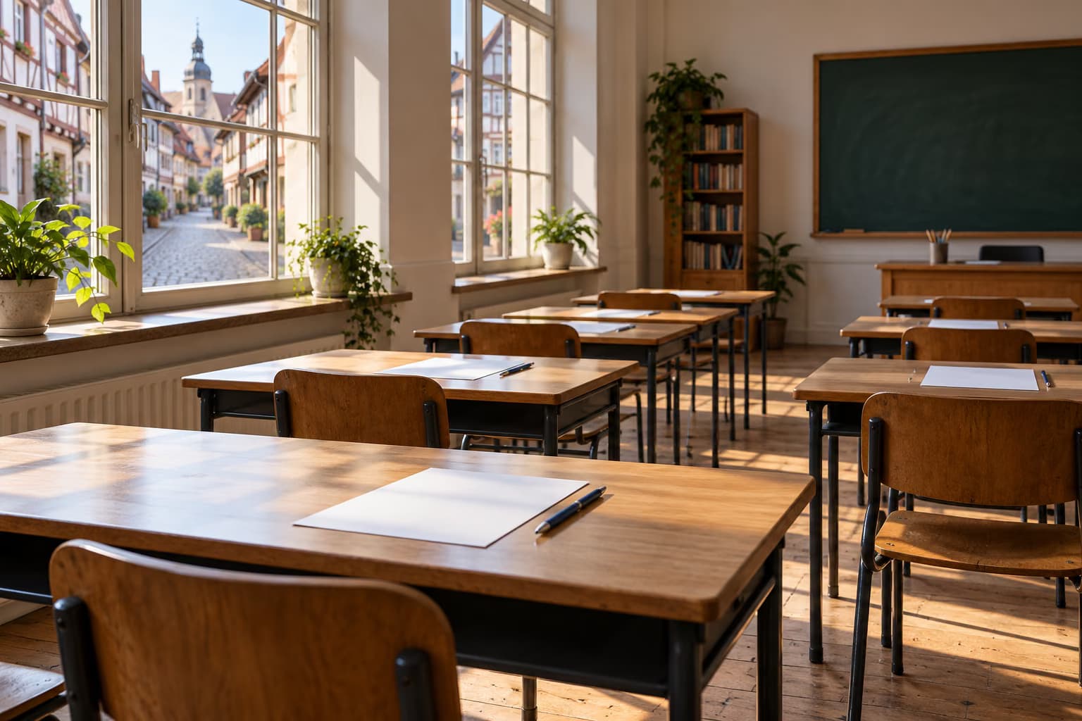 An empty classroom with wooden desks, blank sheets of paper and pens, and windows overlooking a cobbled street lined with half-timbered houses.