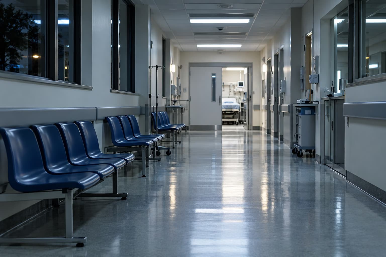 An empty hospital corridor at night with rows of blue waiting chairs along the wall and an open door to a treatment room at the far end.