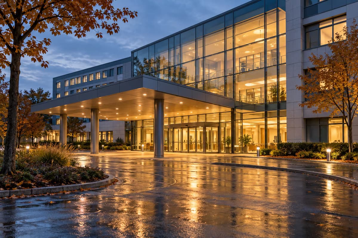 The brightly lit glass entrance and covered driveway of a large modern building at dusk, with autumn trees and wet pavement.