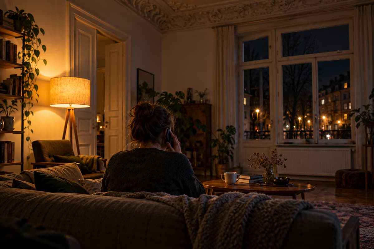 A person seen from behind sits on a sofa in a dimly lit old apartment with stucco ceilings and makes a phone call in the evening.
