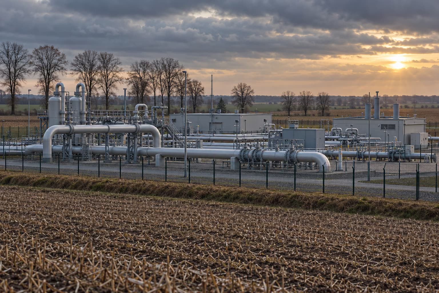 A natural gas facility with silver pipelines, valves and low grey buildings behind a fence, surrounded by harvested fields and bare trees under a cloudy evening sky.