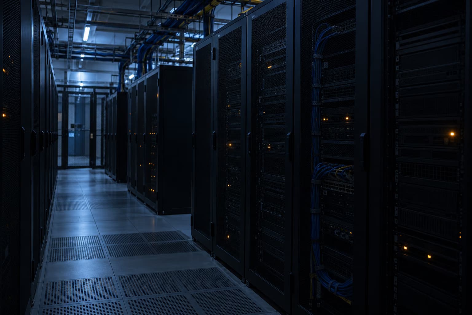 A dim server room with rows of dark server racks, bundled blue cables and only a few small amber lights glowing.