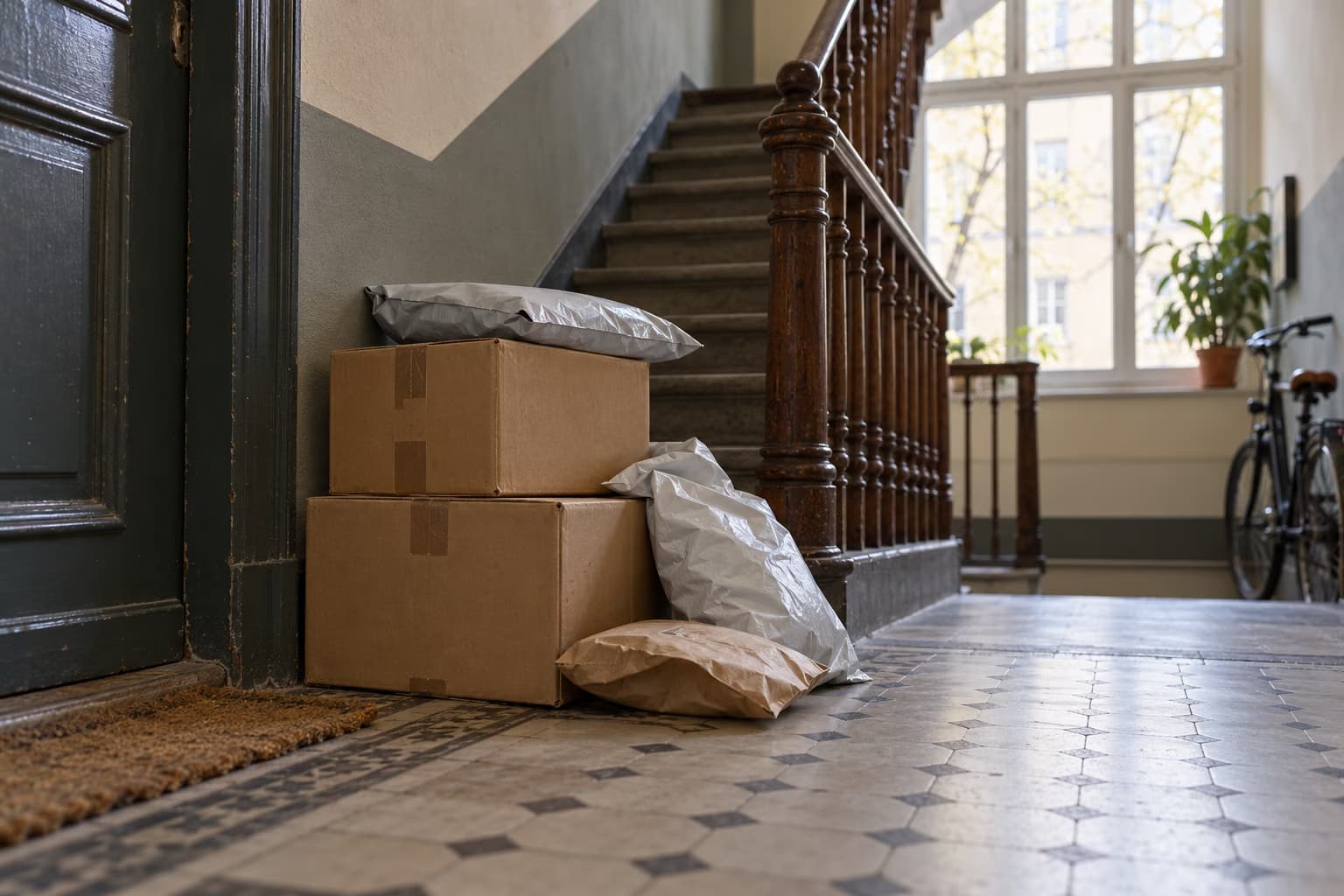 Cardboard boxes and plastic mailer bags piled beside a door in the tiled stairwell of an old apartment building.