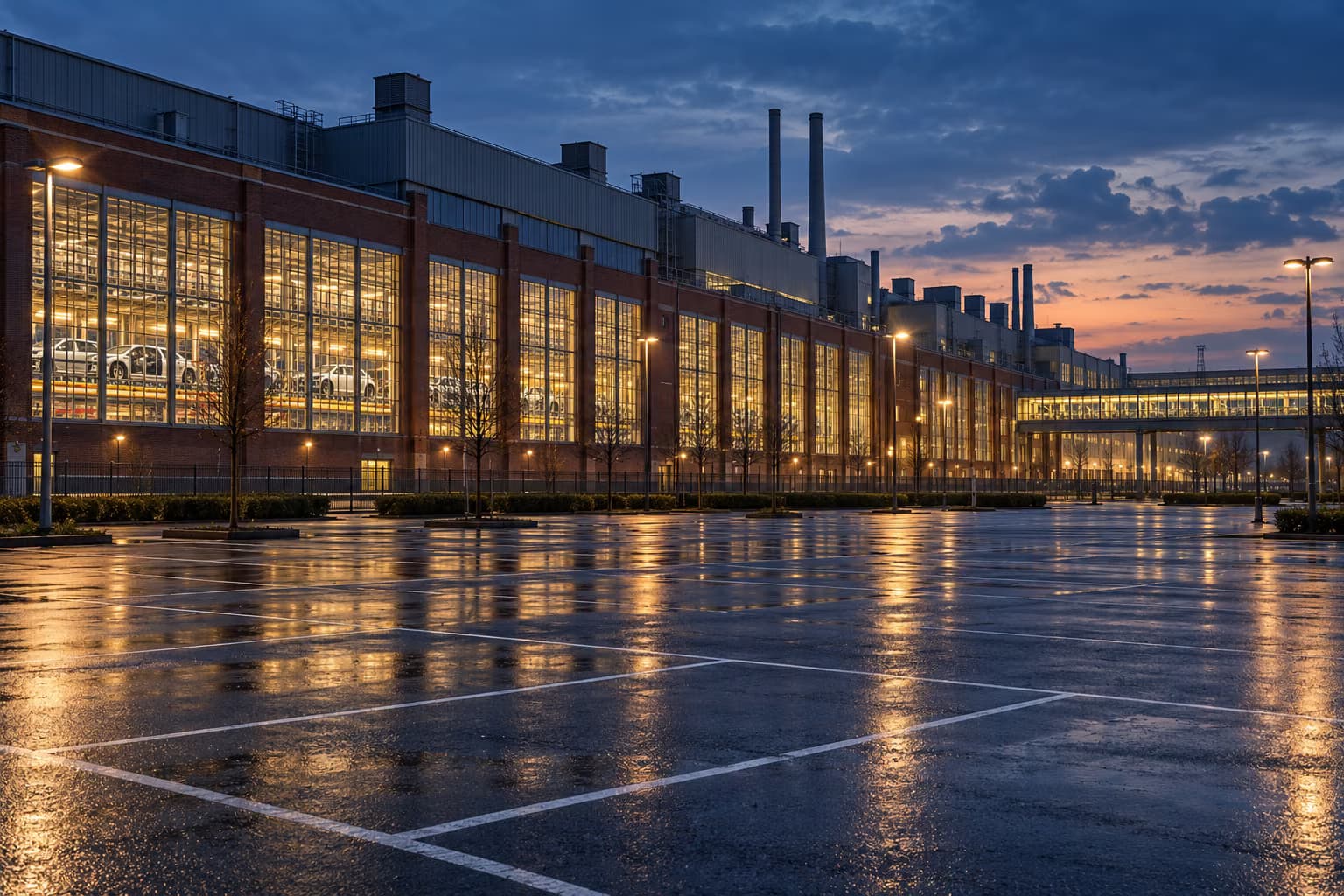 A long brick factory building with brightly lit windows and cars visible inside stands behind an empty, rain-wet car park at dusk.