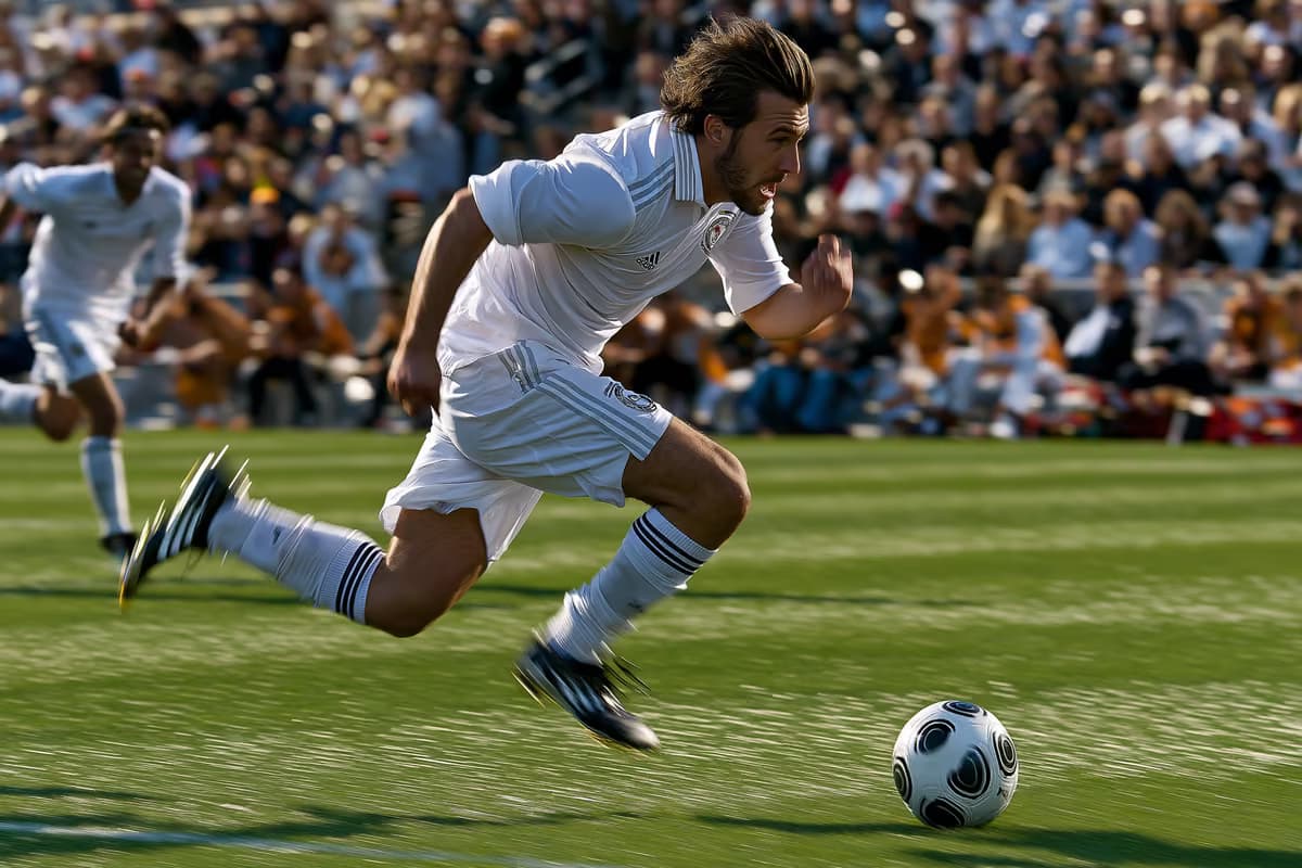A footballer sprinting with the ball during a match on a green pitch.