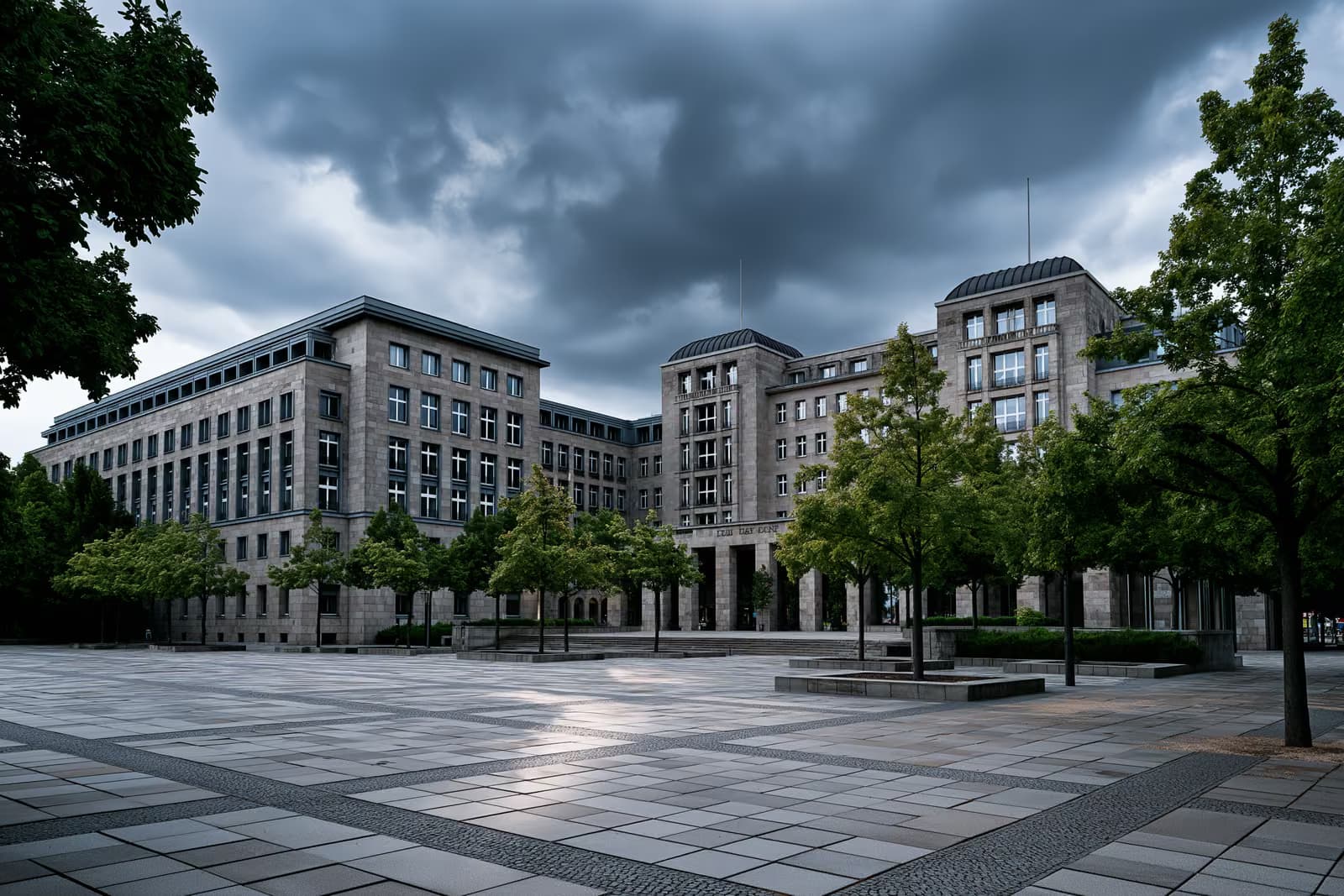 A German federal parliament building seen behind an empty public square under a heavy sky.