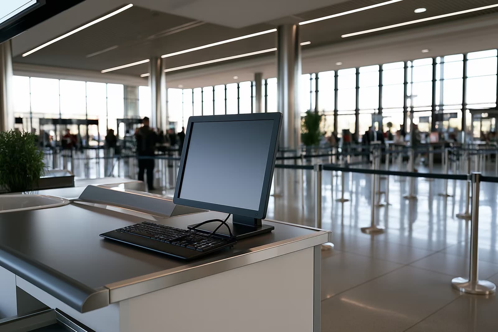 A German government office desk with a computer screen and a stack of paper immigration application files.