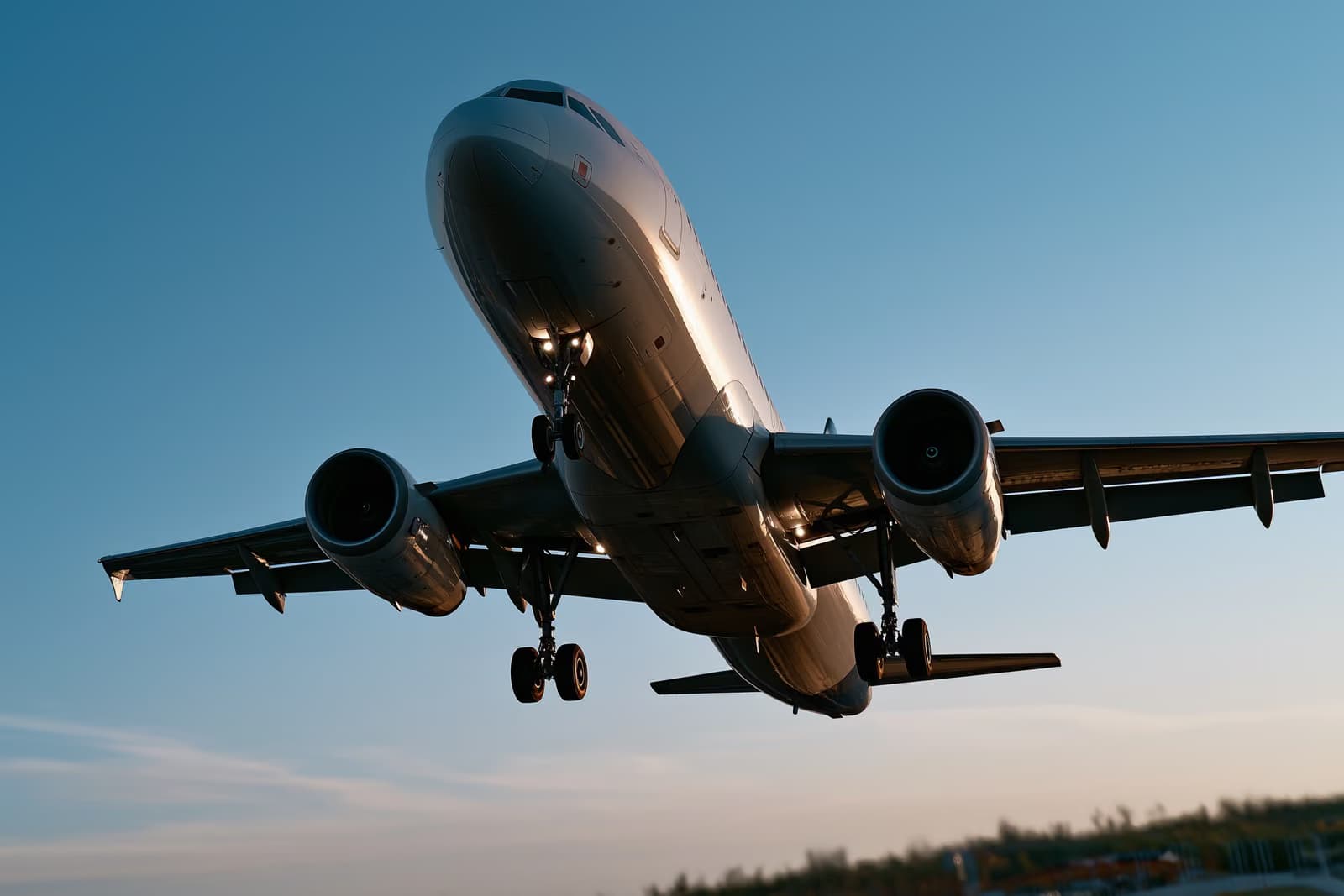 A passenger jet climbing into a clear sky seen from the ground.