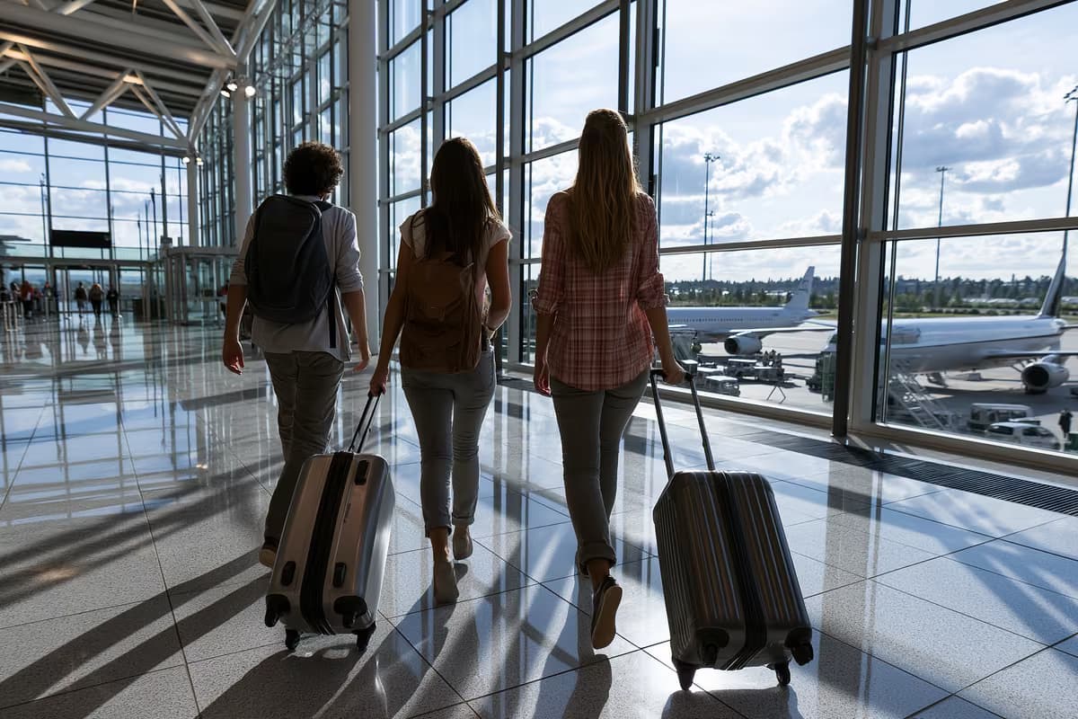 Travelers walking through a bright modern airport terminal with large windows.