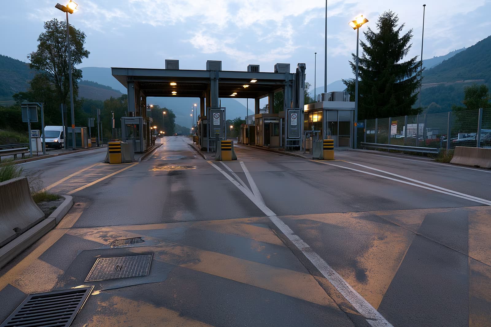 A quiet motorway crossing point on the German-Austrian border with a lane marker and an empty inspection booth at dawn.