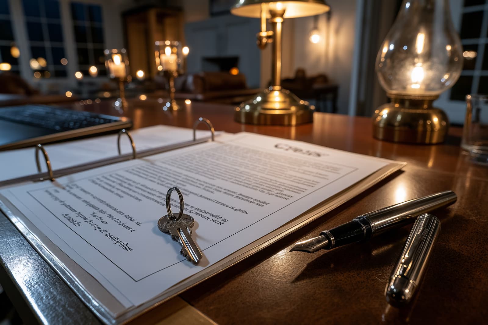 A house key and fountain pen resting on a property file on a notary desk, the quiet setting where the broker fee ruling matters most.