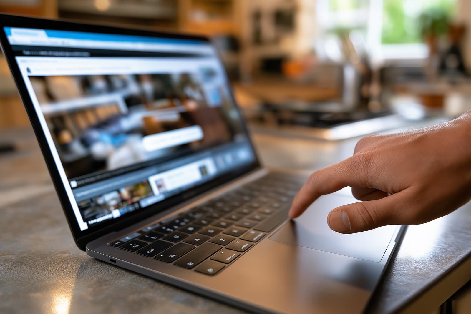 A hand hovers over a laptop on a kitchen table showing an online cancellation page with one prominent button