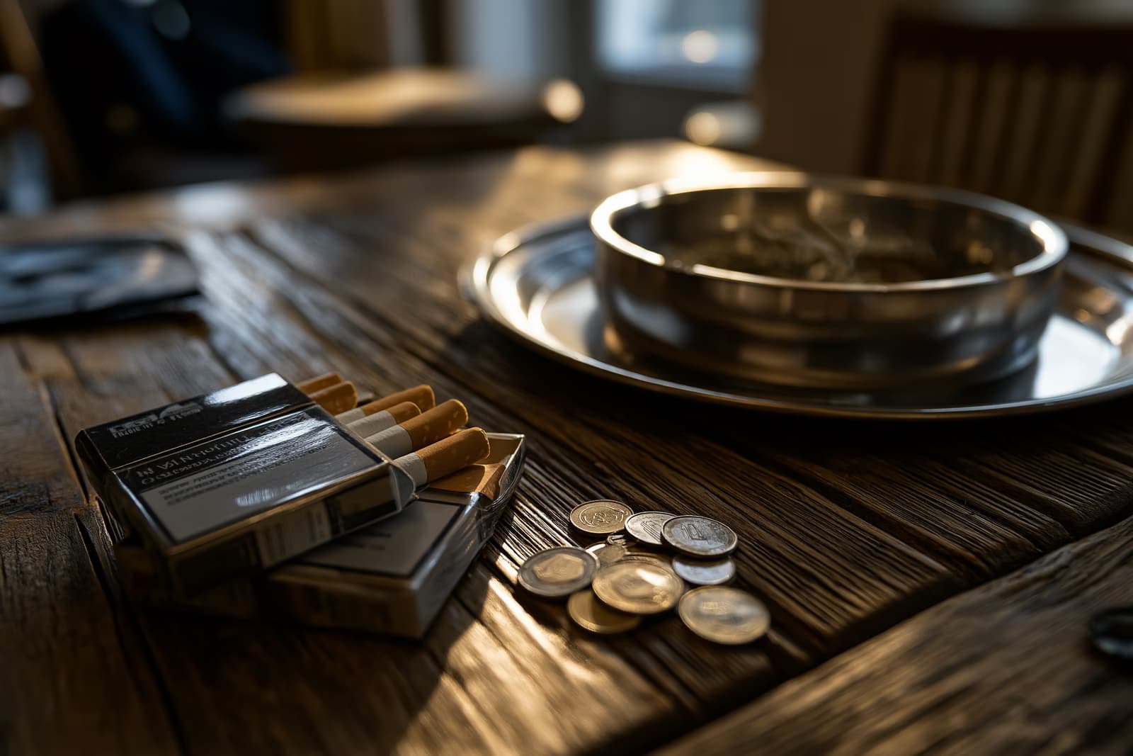 A cigarette pack and loose coins lie on a weathered bar table beside an empty ashtray, showing how cigarette prices weigh on smokers' budgets