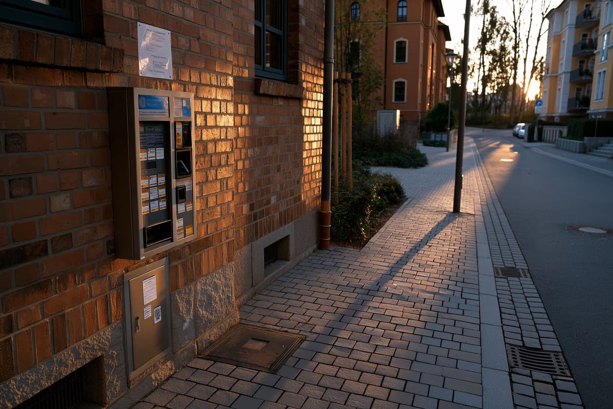 A cigarette vending machine mounted on a brick wall in a German residential street in evening light