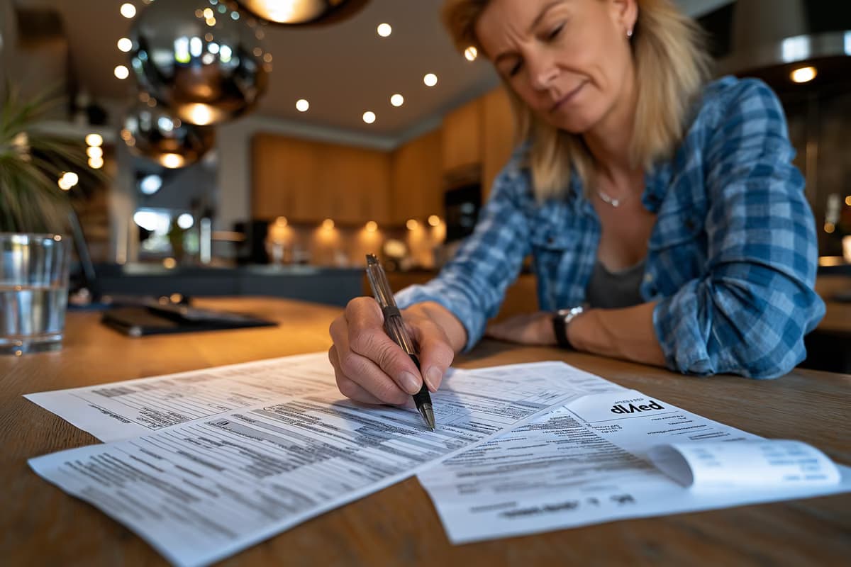 A worker reviewing a payslip at a kitchen table in a modest German home.