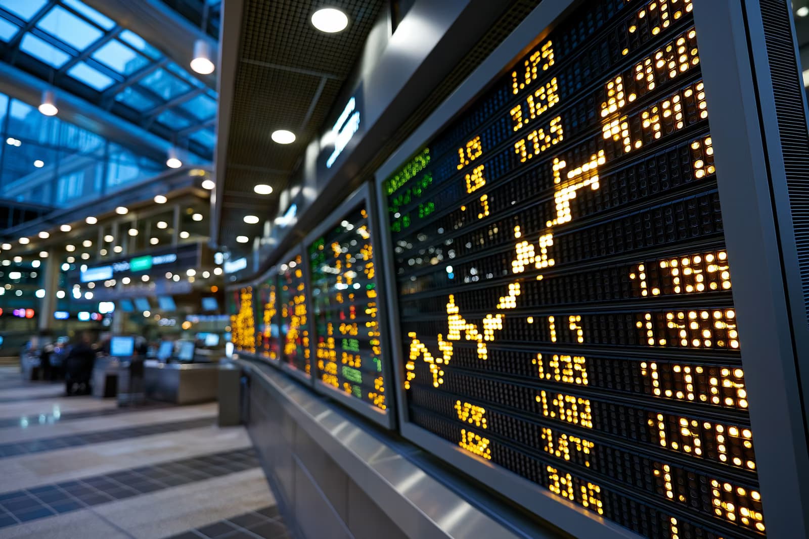 A bright electronic stock ticker board glows inside a modern Frankfurt trading hall at dusk.