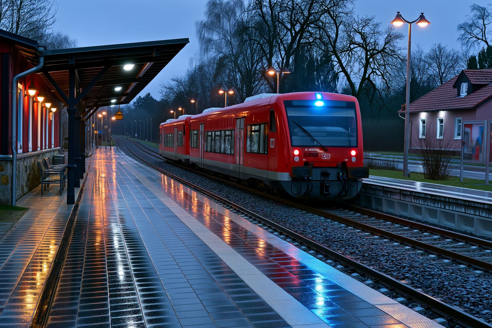 A red regional train stopped at a small German station at dusk with blue emergency lights reflecting on the platform