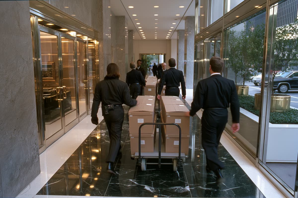 Officials in plain suits wheel unmarked file boxes on a dolly across a polished bank lobby of marble and glass