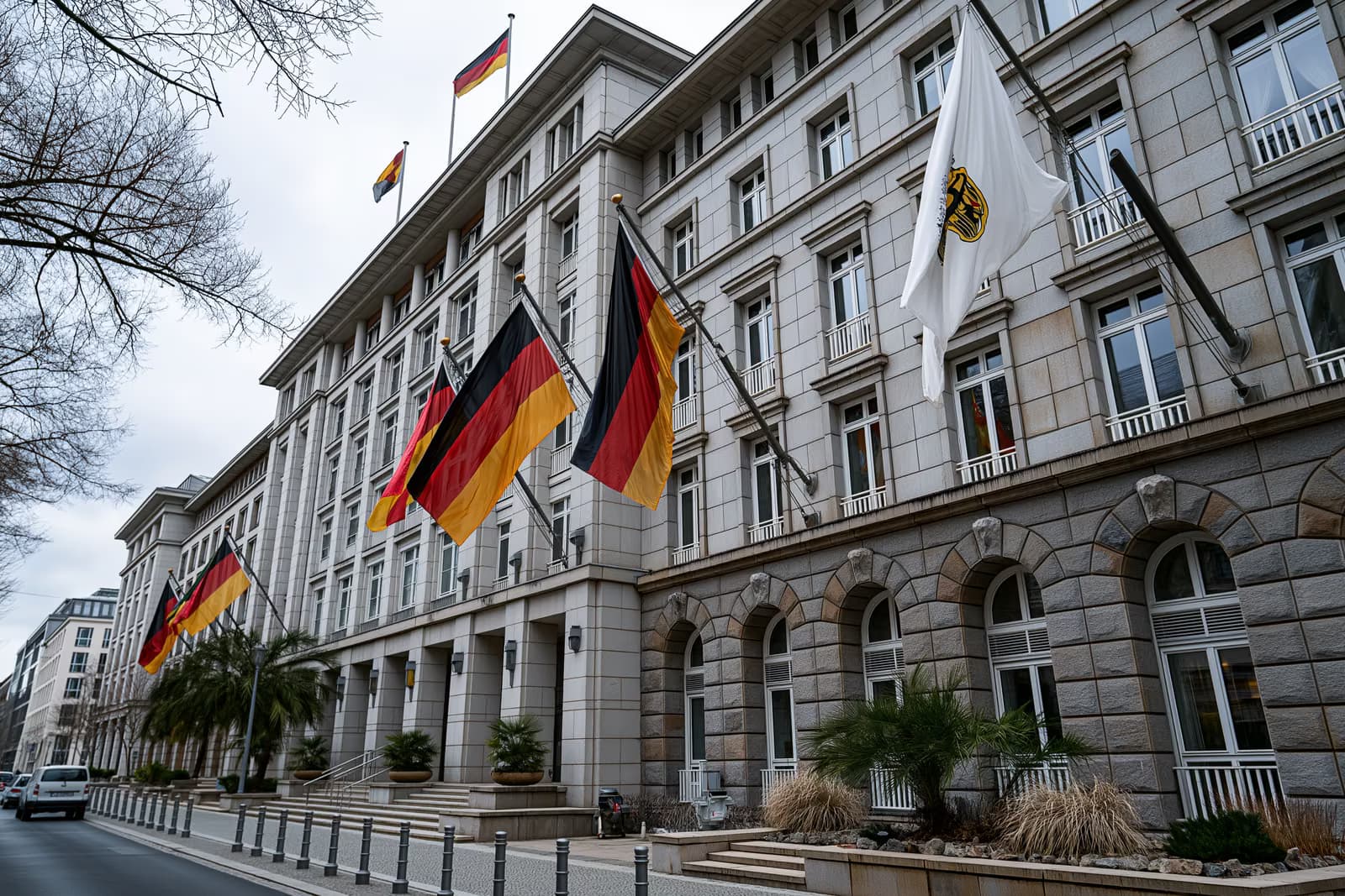 German Interior Minister at a press lectern with German and EU flags, discussing rules for draft-age Ukrainians in Germany.