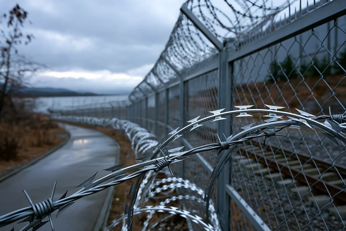 A metal security fence topped with wire seen against a grey sky.