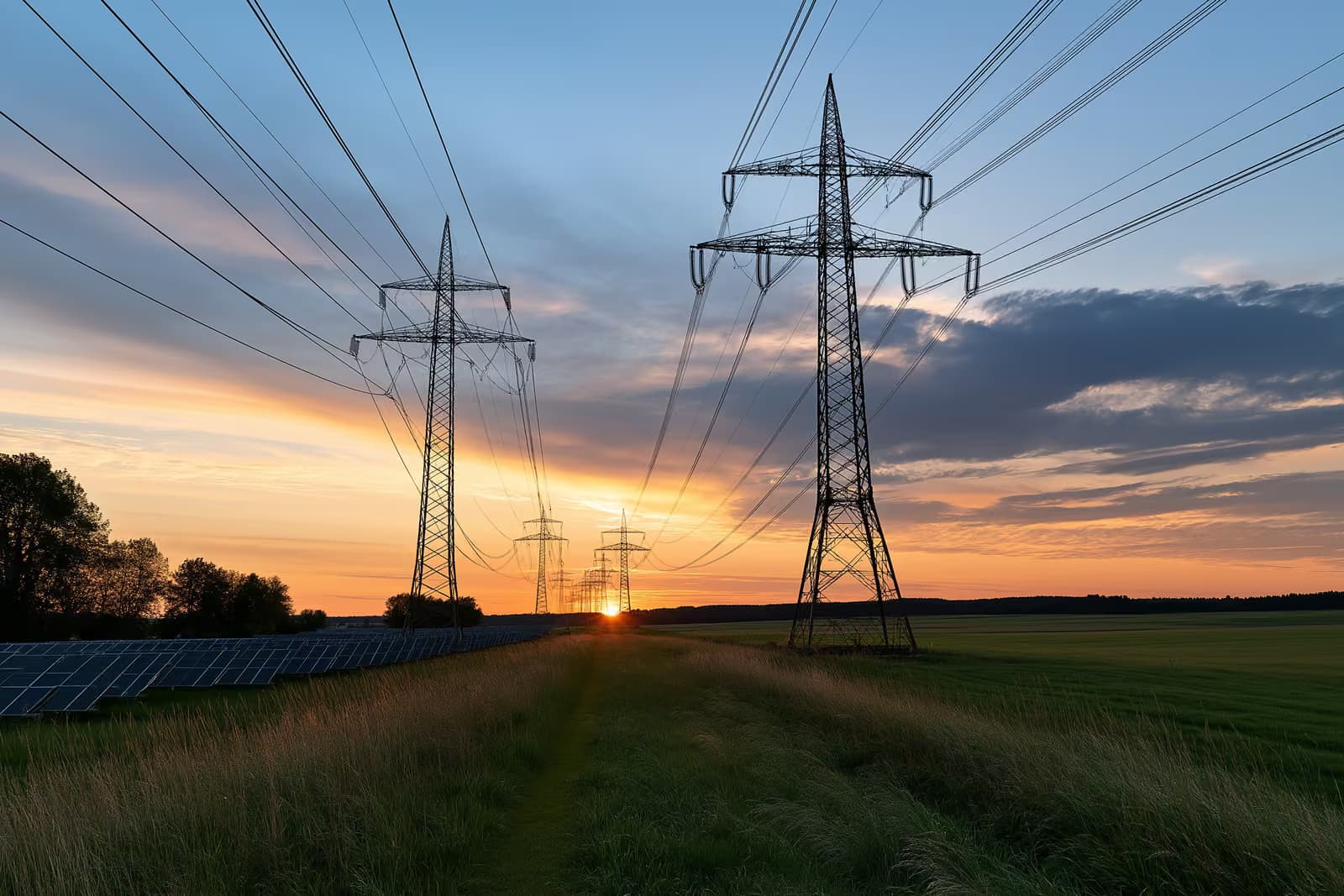 A row of high-voltage electricity pylons crossing open countryside.