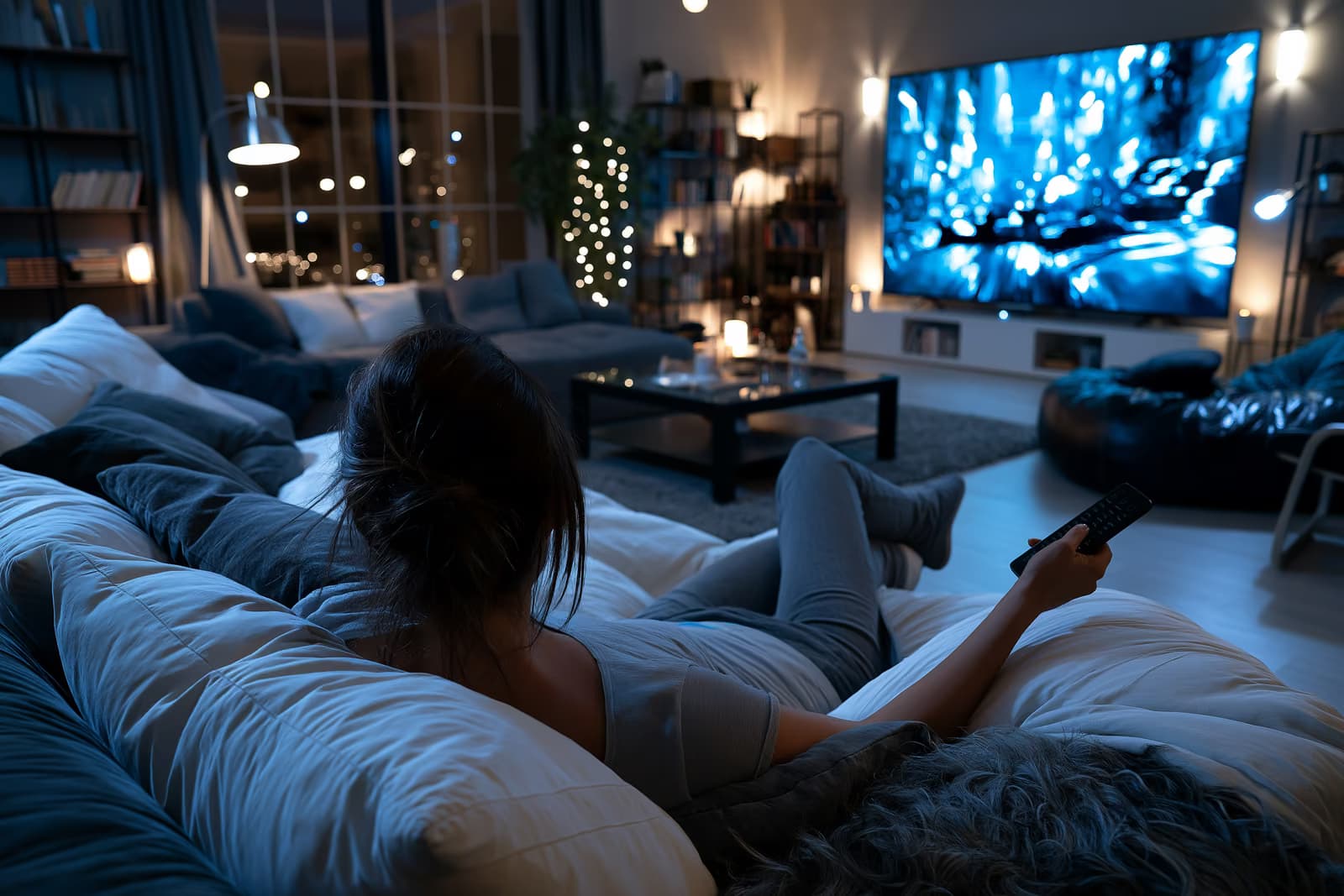 A person on a sofa holding a remote in front of a glowing television.