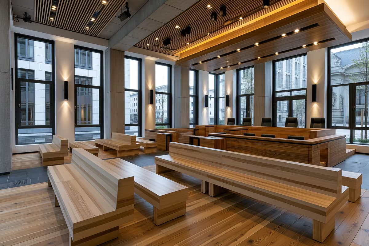 An empty modern courtroom with wooden benches and tall windows.
