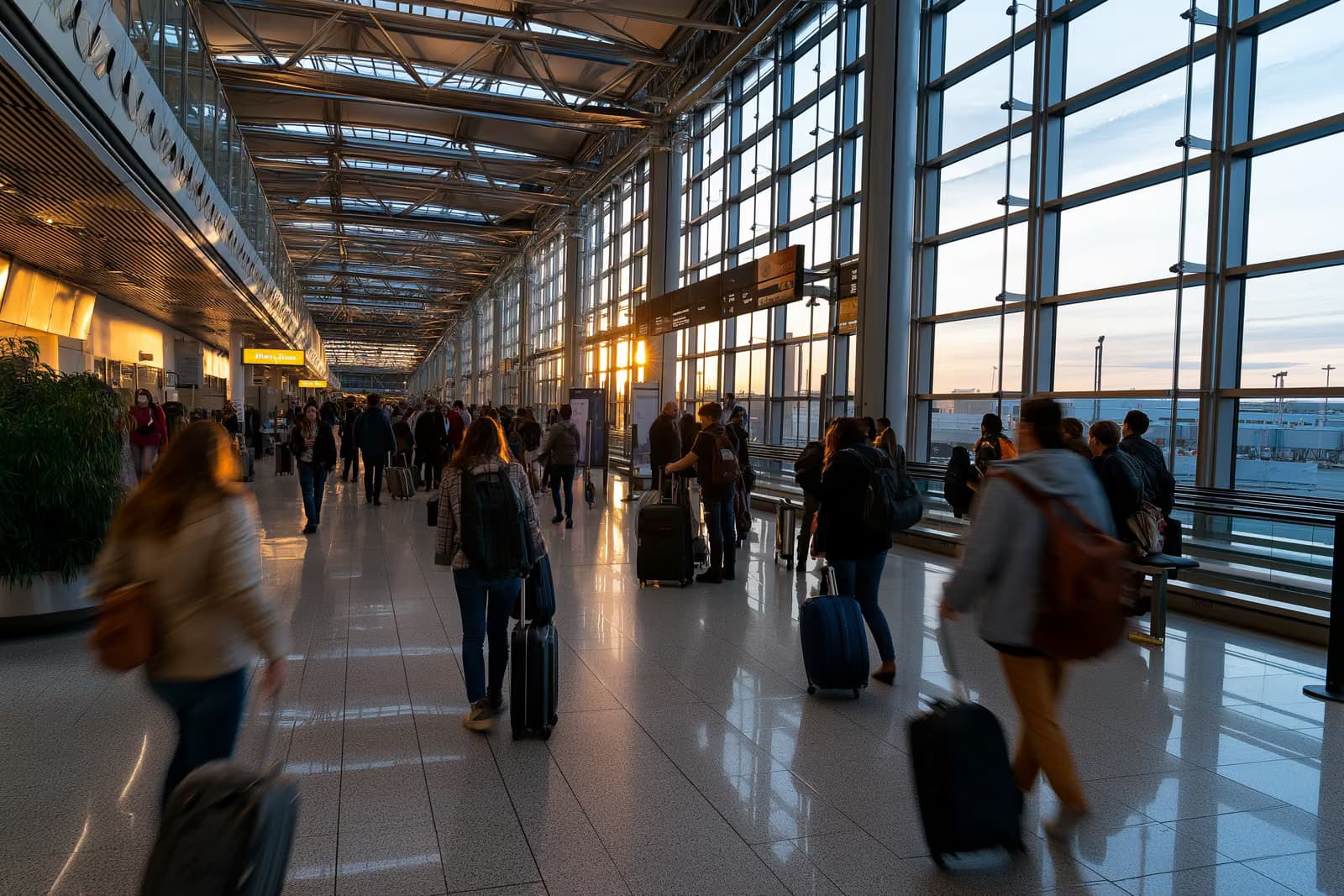 Travelers with luggage crossing a bright international airport arrivals hall.