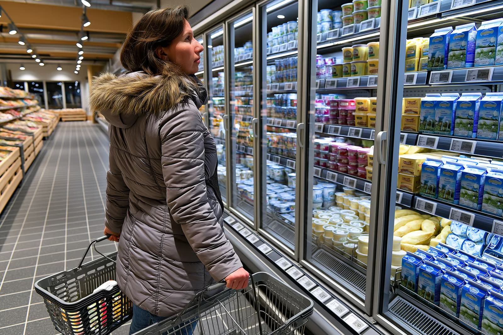 A shopper compares food prices on supermarket shelves in Germany, holding a receipt in front of dairy products and eggs.