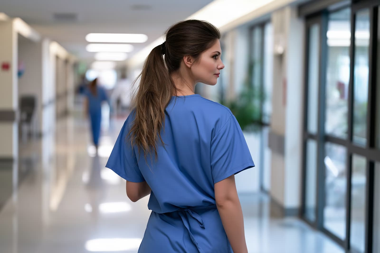 A medical professional in plain scrubs standing in a bright hospital corridor.