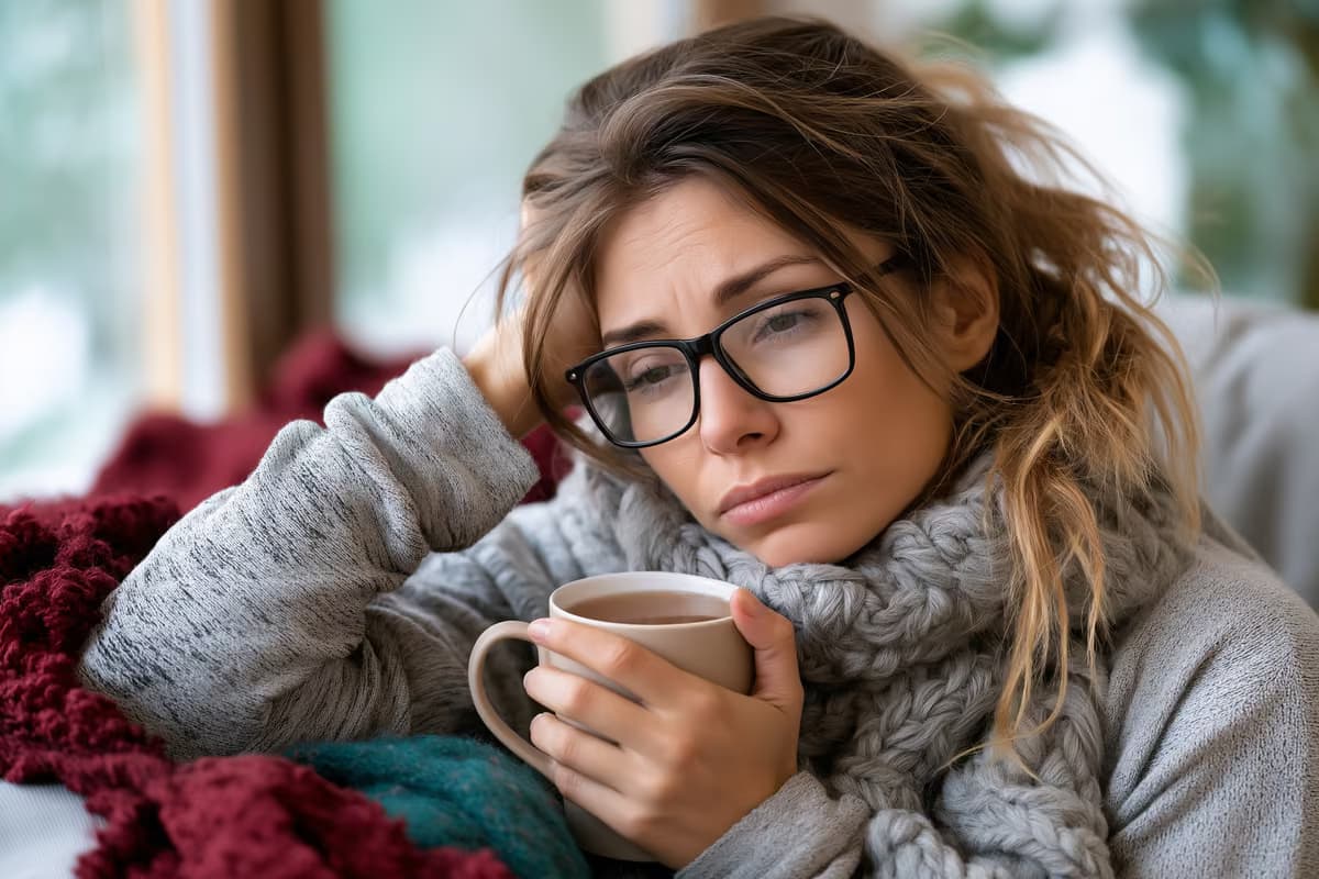 An office worker sitting at home with a warm drink, looking tired and unwell.