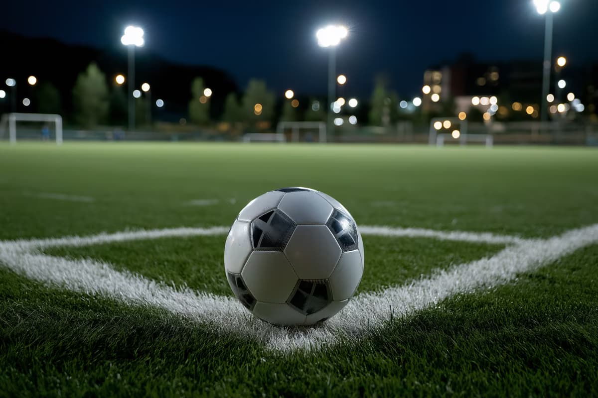 A lone football resting on the penalty spot of a floodlit pitch.