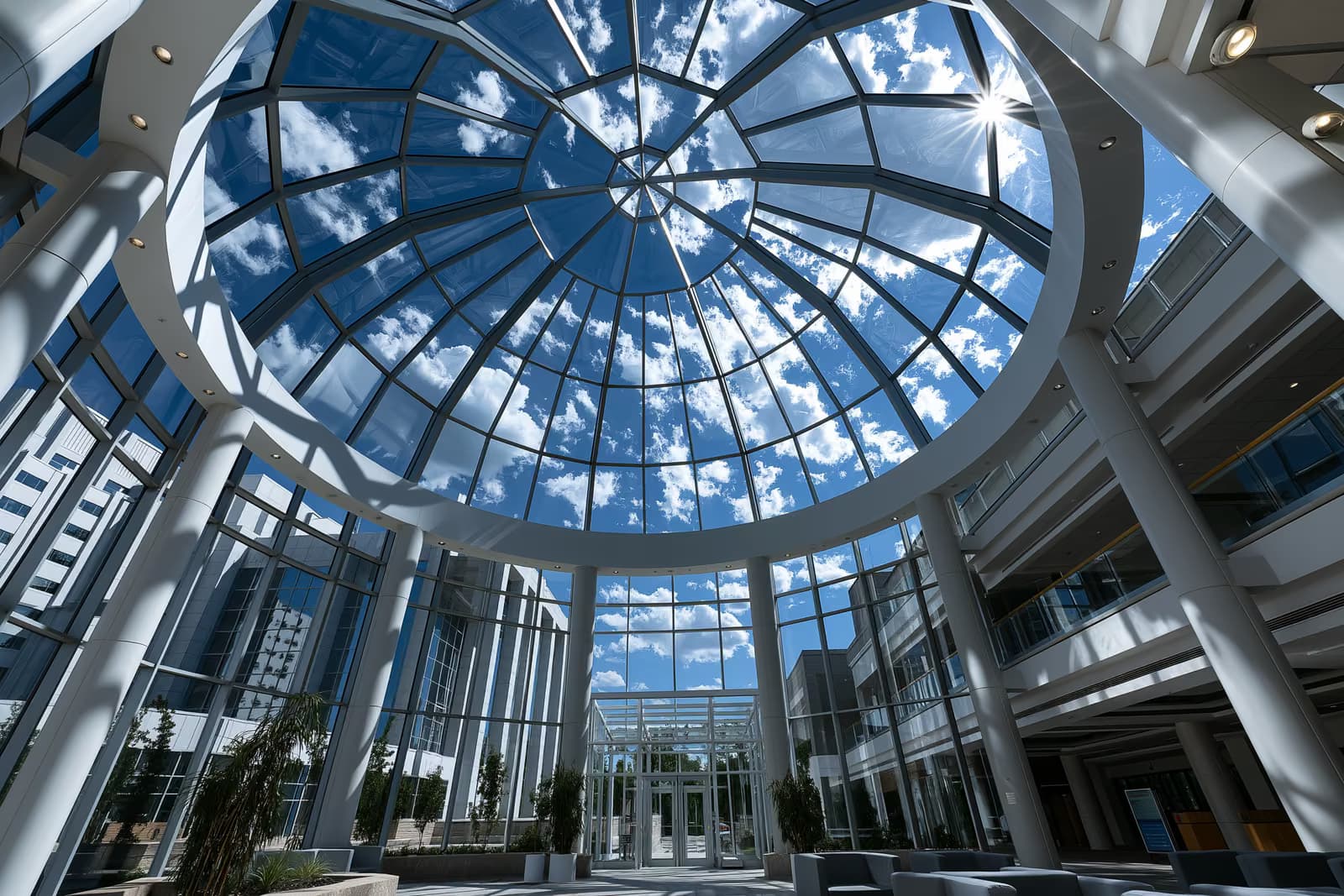 The glass dome of the German parliament building seen from below against a bright summer sky.
