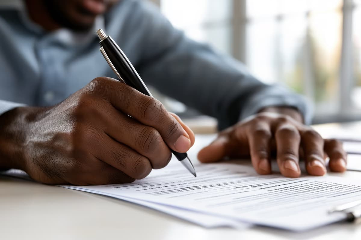 A person filling out paperwork at a desk with a pen and official forms.