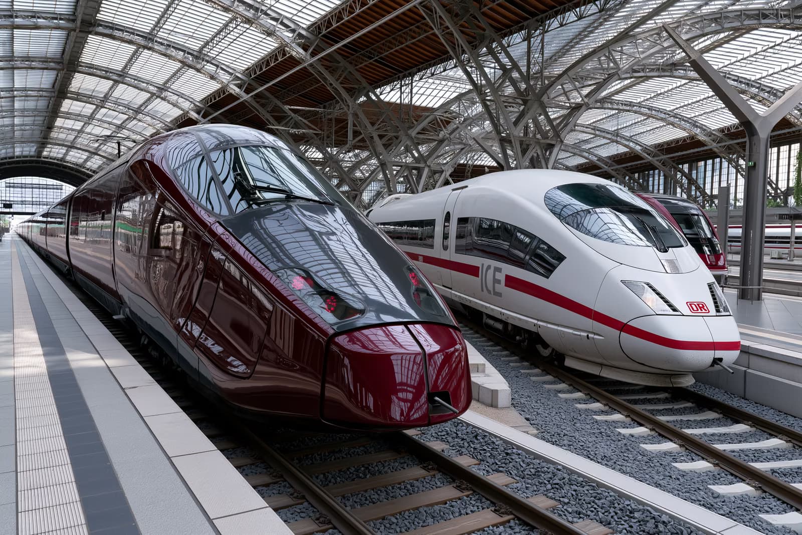 A dark red high-speed train beside a white ICE on parallel tracks in a German station hall, symbolising the Italo challenge to Deutsche Bahn