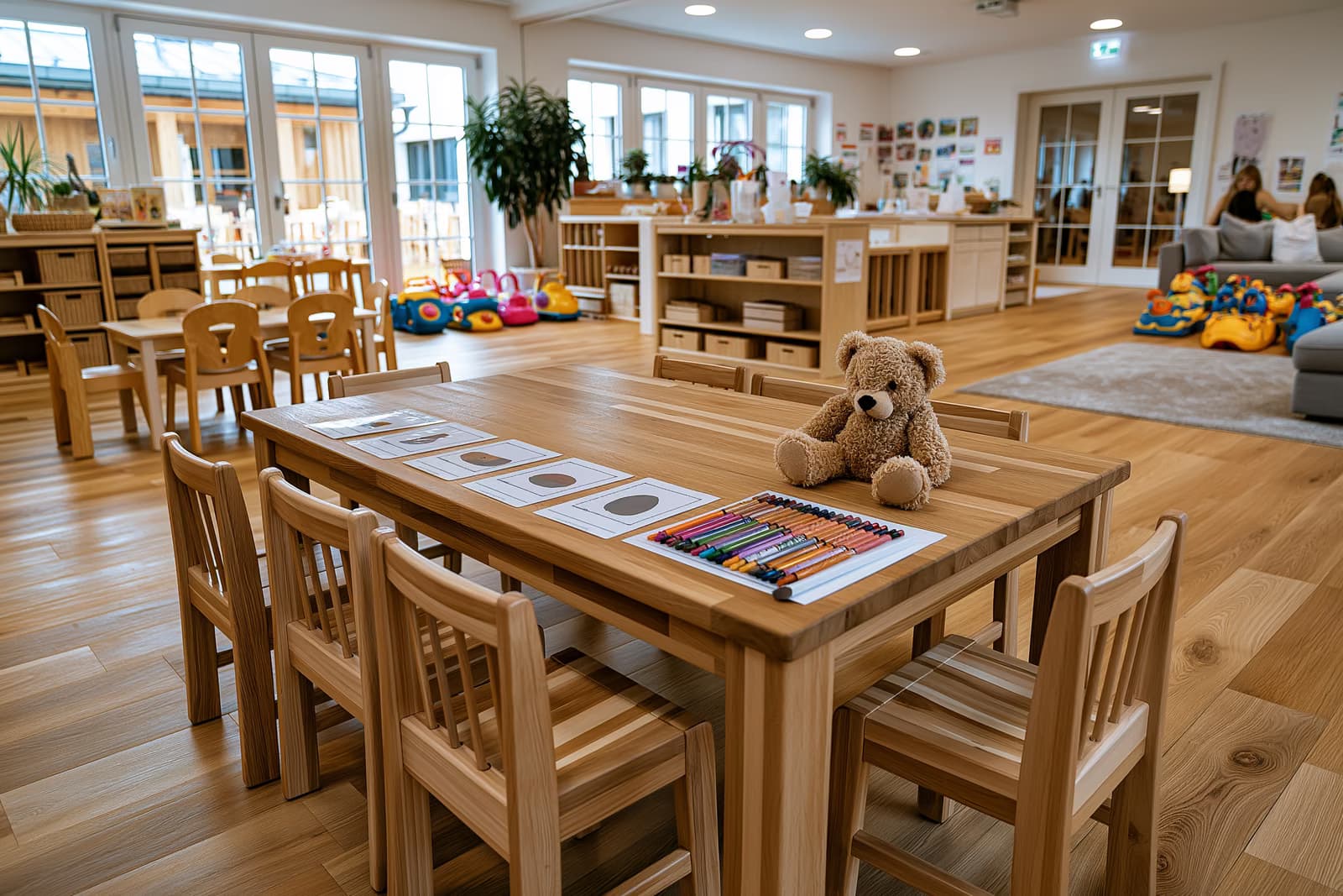 Picture cards with simple objects lie on a kindergarten table beside crayons and a teddy bear, the kind of materials used in early language tests