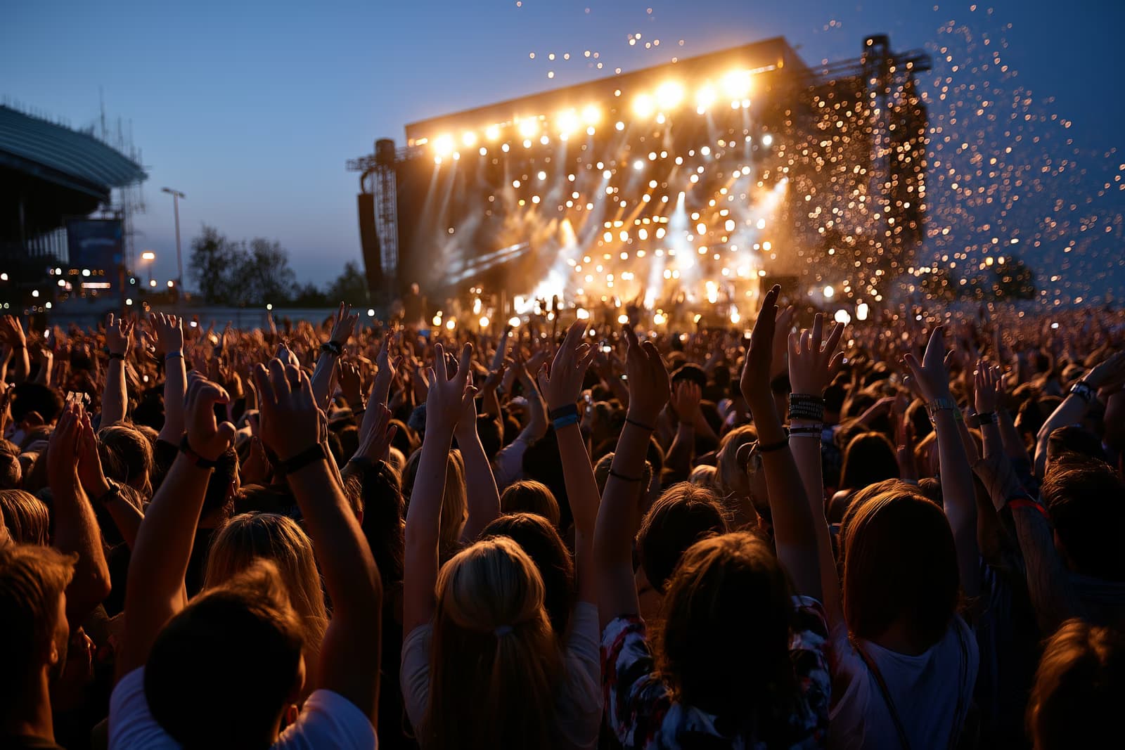 A huge festival crowd with raised hands in front of a glowing main stage at Lollapalooza Berlin in the Olympiapark at night
