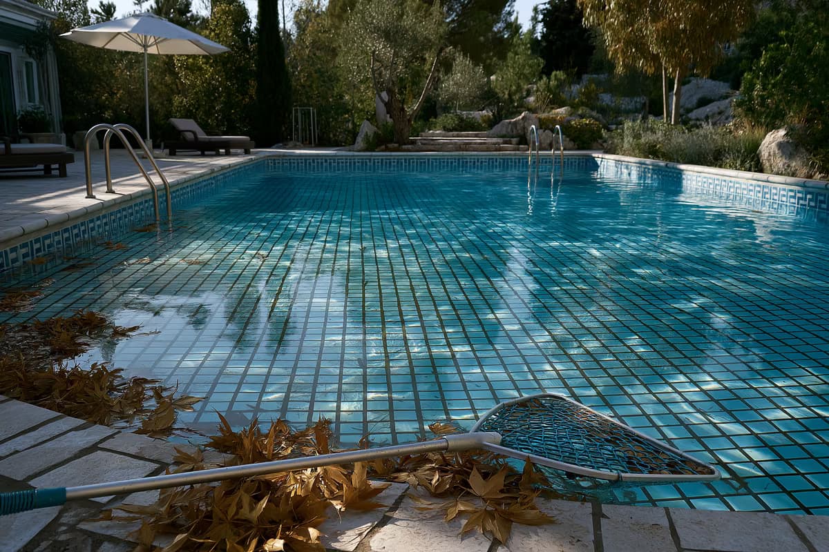 A half-drained private backyard pool with a leaf skimmer resting on the sun-heated tiles