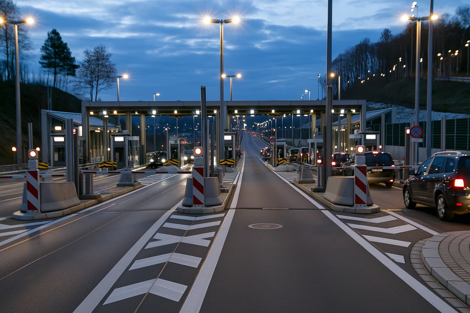 A quiet European motorway border checkpoint with barriers at dusk.