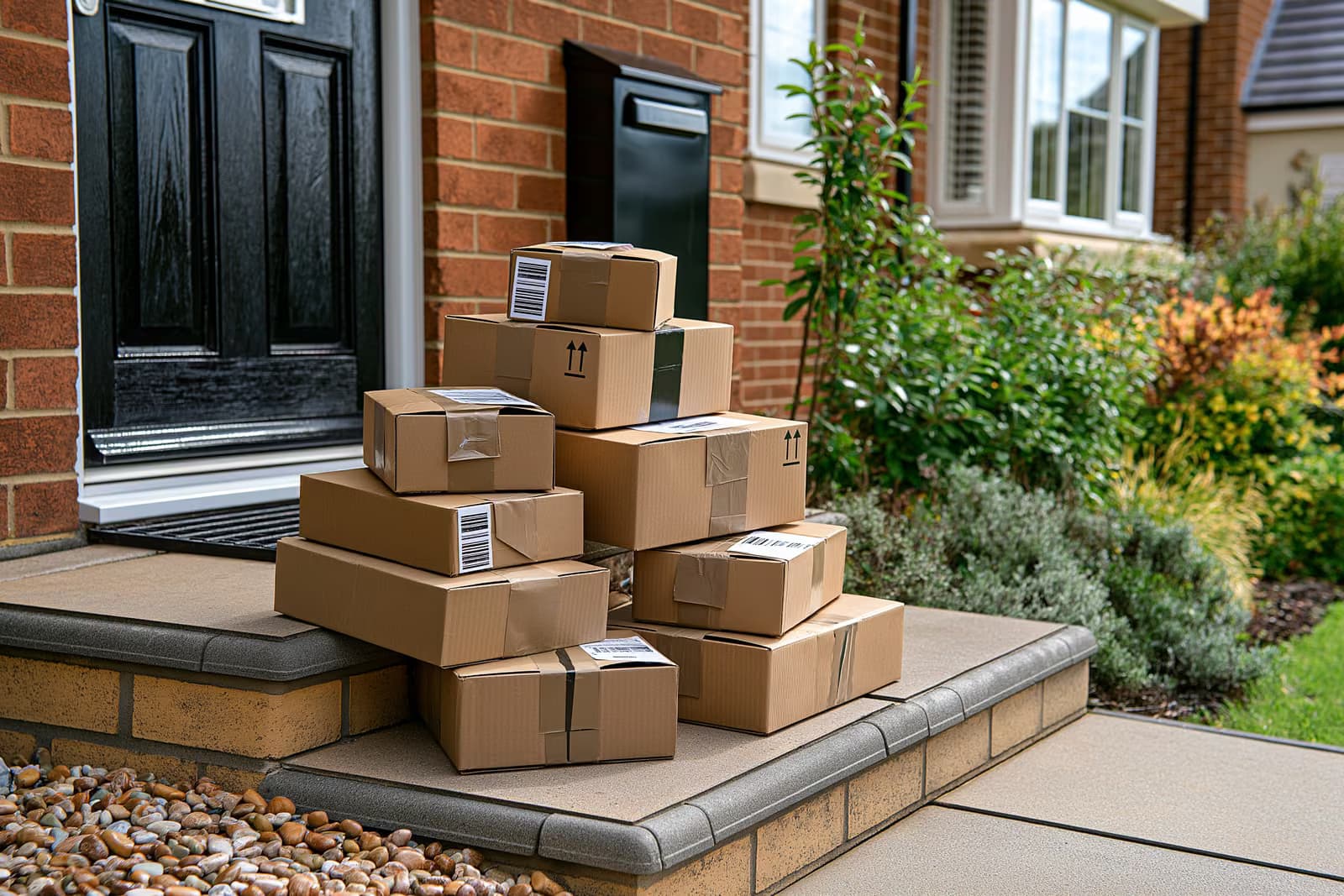 A stack of small cardboard parcels on a doorstep waiting to be collected.