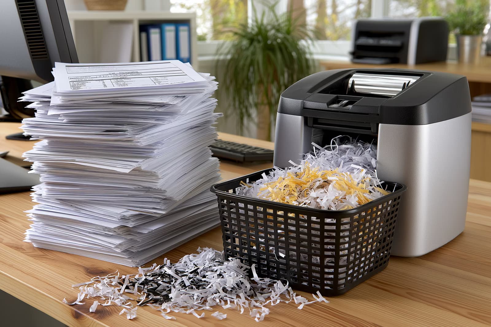 A tall stack of paper forms stands beside a shredder on a government office desk, symbolising red tape relief
