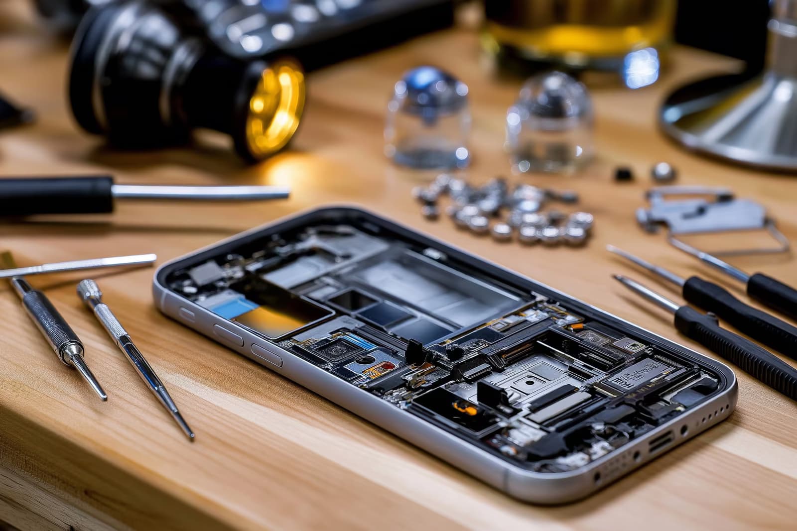 An open smartphone on a repair bench surrounded by small tools and spare parts.