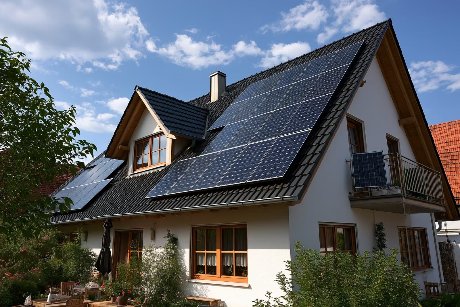 Rows of solar panels on the roof of a German suburban house under a clear sky.