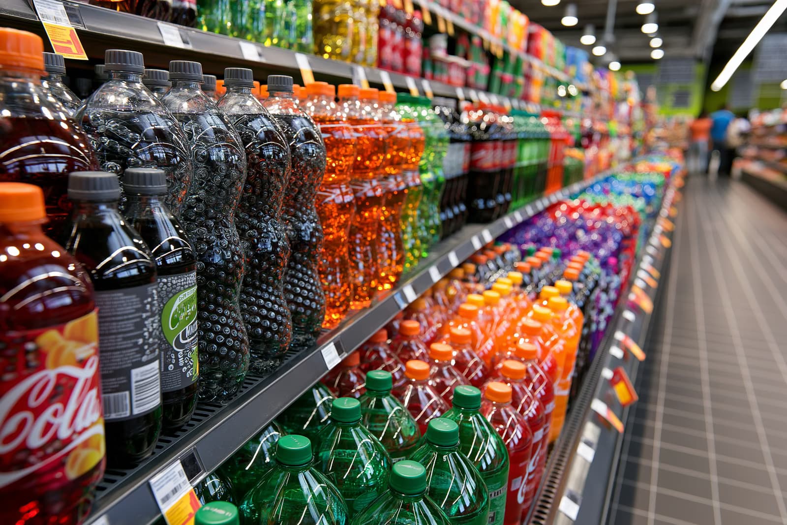 Rows of colourful soft drink bottles in a brightly lit German supermarket aisle, the products a planned sugar tax would target.