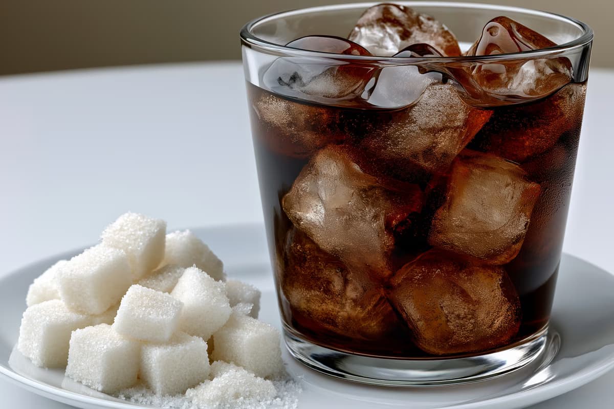 A glass of cola with ice next to a small pile of white sugar cubes on a white table, showing the sugar content behind the tax debate.