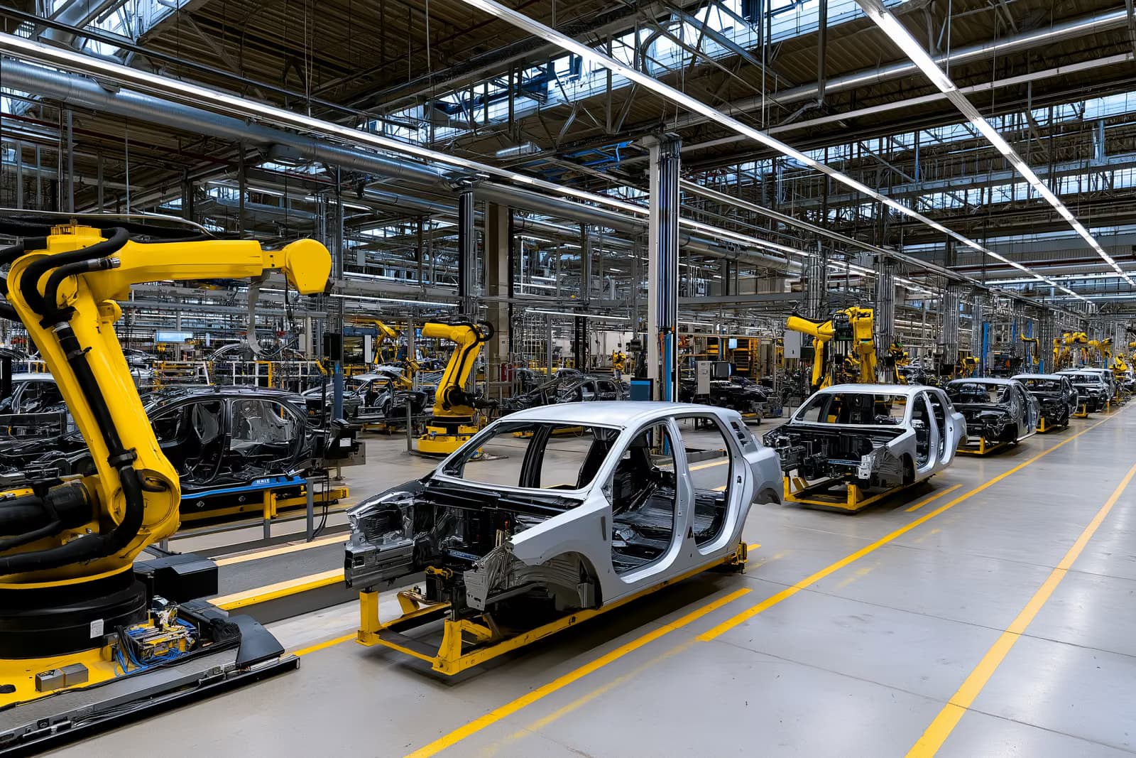 A large car factory assembly hall with robotic arms and partly built vehicles.