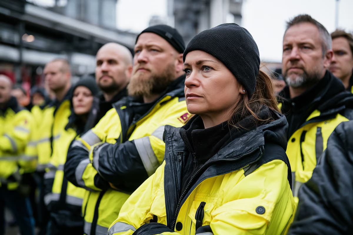 Factory workers in high-visibility jackets gathered outside an industrial plant.