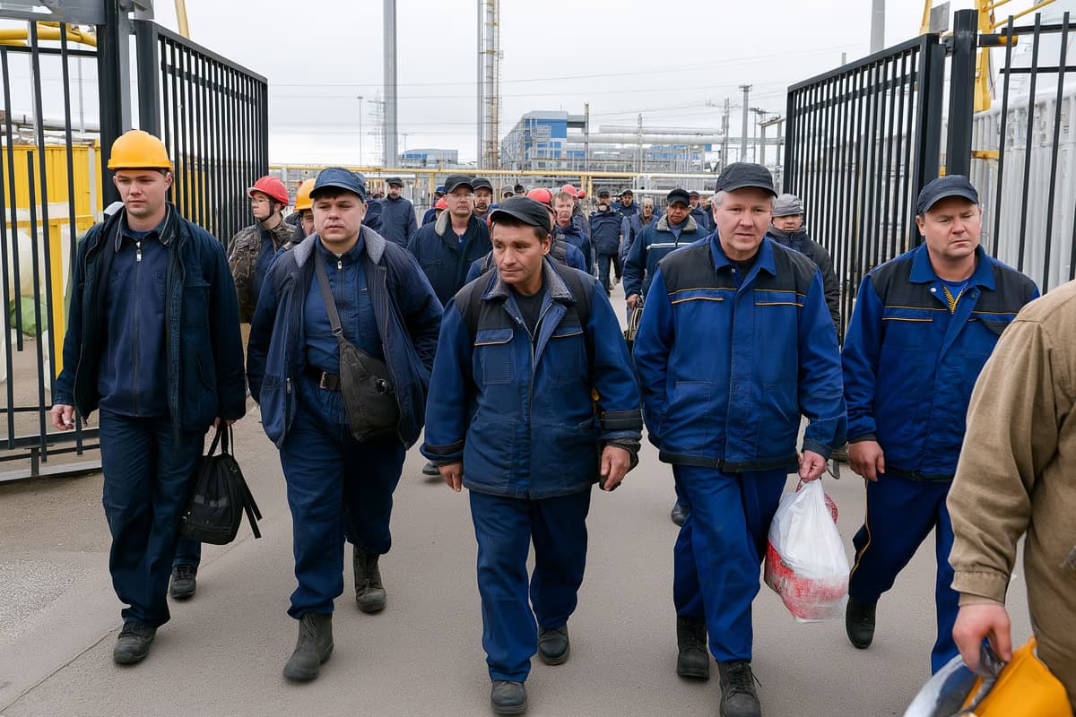 Factory workers in overalls walking through a plant gate at shift change under a cloudy sky